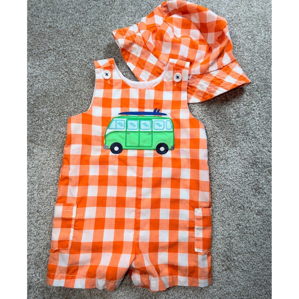 Good Lad Baby Jon Jon Shortall Gingham Surf Van Applique Romper Bucket Hat  9 M